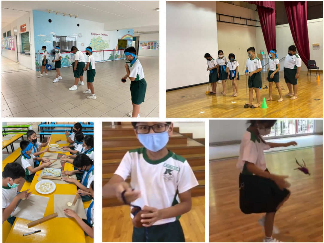 Students in school uniforms and masks doing group activities including games, crafts, and a spinning top activity.